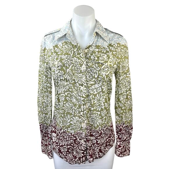 Tory Burch Green Brown Blue Colorblock Floral Button Down Shirt Top Size 2 - Picture 1 of 4